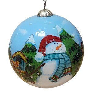 Pier 1 Li Bien 2013 Snowman Glass Christmas Ornament 3” Blue And Red Without Box